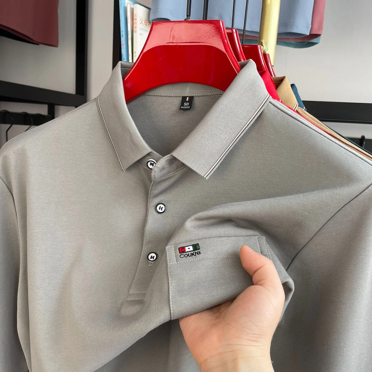 

High end brand men's long sleeve polo shirt light luxury fashion letter pocket spring autumn casual comfort solid color T-shirt