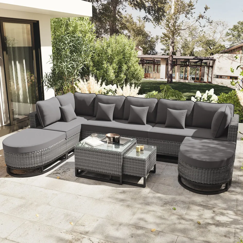

7-piece outdoor willow sofa set, rattan protection segmented free combination set, gray