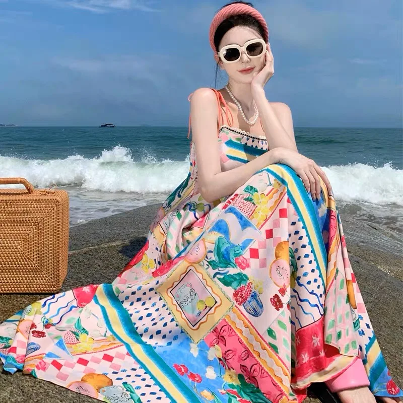 

Summer Dress Women Sleeveless Vintage Dopamine Printed Chic Elegant Sexy Lady Aesthetic Vestidos Fashion Beach Holiday A-line