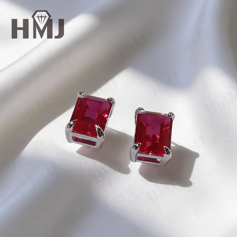 실험실에서 재배한 보석 귀걸이 에메랄드컷/아셔컷 루비/사파이어/콜롬비아산 925 스털링 실버 귀걸이 크리스마스 파티 선물
