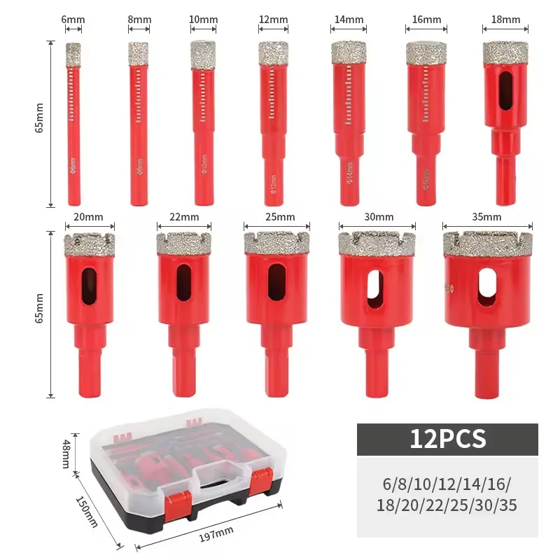 12Pcs Set Mata Bor Berlapis Intan 6-35mm Kit Gergaji Lubang untuk Kaca Marmer Granit Batu Ubin Keramik - Perkakas Tangan