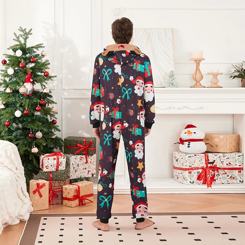 Matching Family Christmas Pajamas Set with Cartoon Elk Santa Snowflake Deer Print Hooded Long Sleeve Zipper-Up Romper