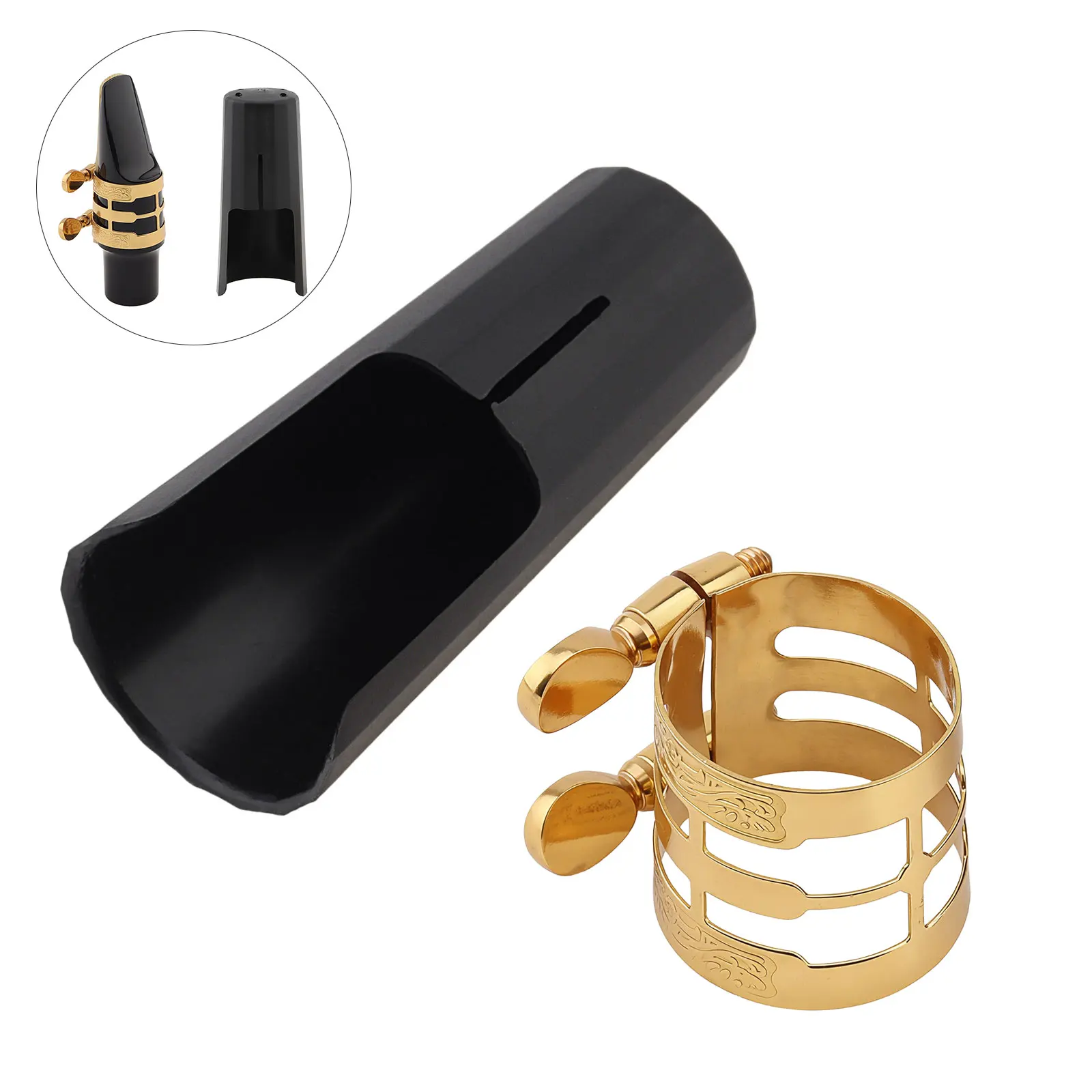 Brass Gold Plated Carved Alto Saxophone Ligature Kit for Ebonite / Plastic Mouthpiece with Plastic Cap