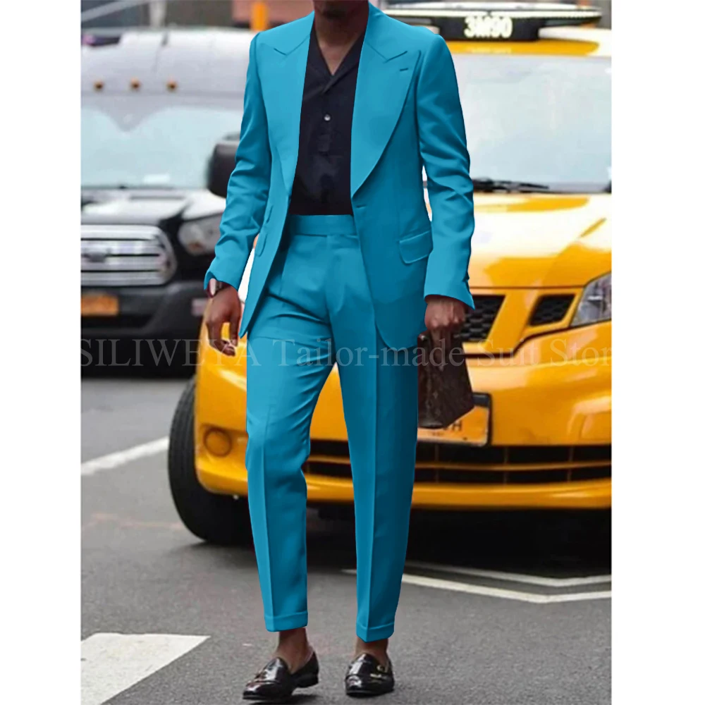 Fashion Hot Pink Men Suits Wedding Terno Clothing Single Breasted Peaked Lapel Double Pockets 2 Piece Jacket Pants Slim Fit