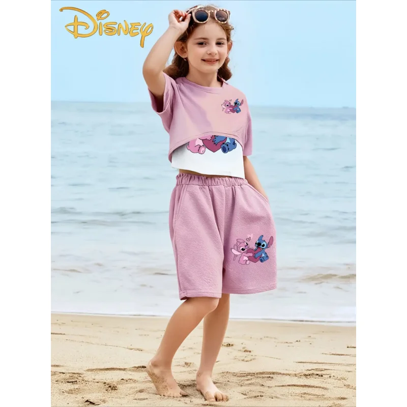 3 Potong Set Musim Panas Anak Perempuan Kartun Disney Stitch dengan Tank Top dan Celana Pendek Bertali - Penting untuk Aktivitas Luar Ruangan
