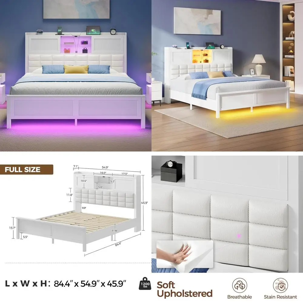 White Noiseless Queen Size Bed with Charging Station, LED Light, Sliding Door Bookcase, Wooden Slat Support