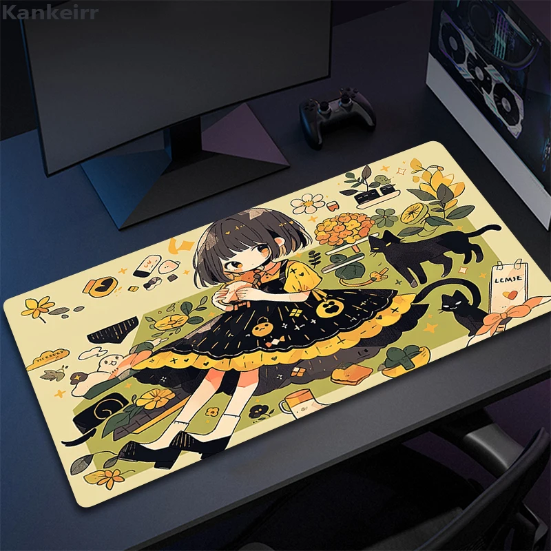 Kawaii Anime Girl Mouse Pad Large Gaming Adorable Mousepad Cat Rubber Mouse Mat Locking Edge Keyboard Mat Non-Slip Desk Mat XXL