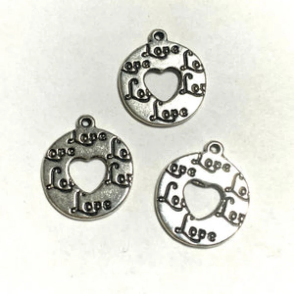 20PC 15MM ANTIQUE SILVER OUTER CIRCLE WITH ENGRAVED LETTERS ON THE INNER SIDE HANGING SPOUT H1654