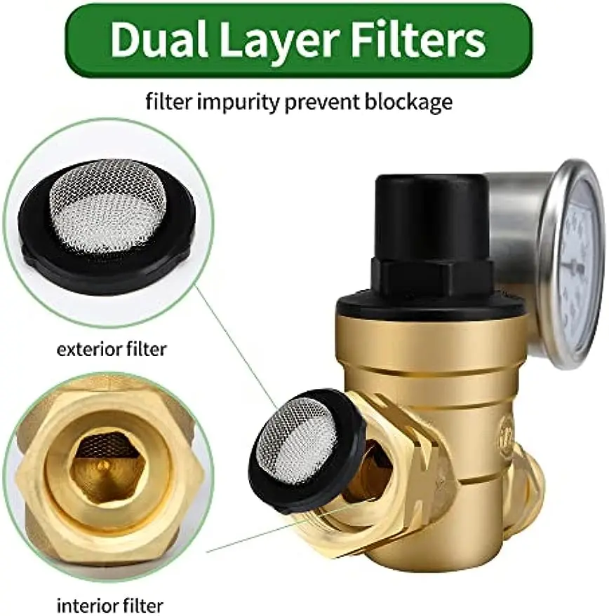 Регулируемый клапан регулятора давления воды RV, редуктор давления воды с манометром и фильтром входного экрана, латунный, без свинца