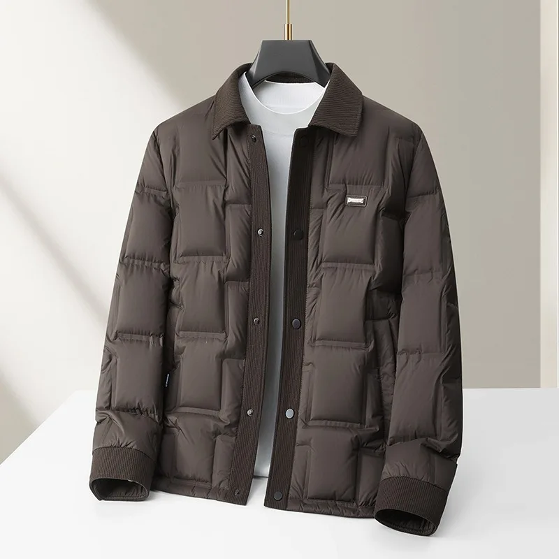 2026 Autumn Winter New Men 90% Down Jacket Turn‑Down Collar Workwear Style Lightweight Warm Luxury Casual Outerwear