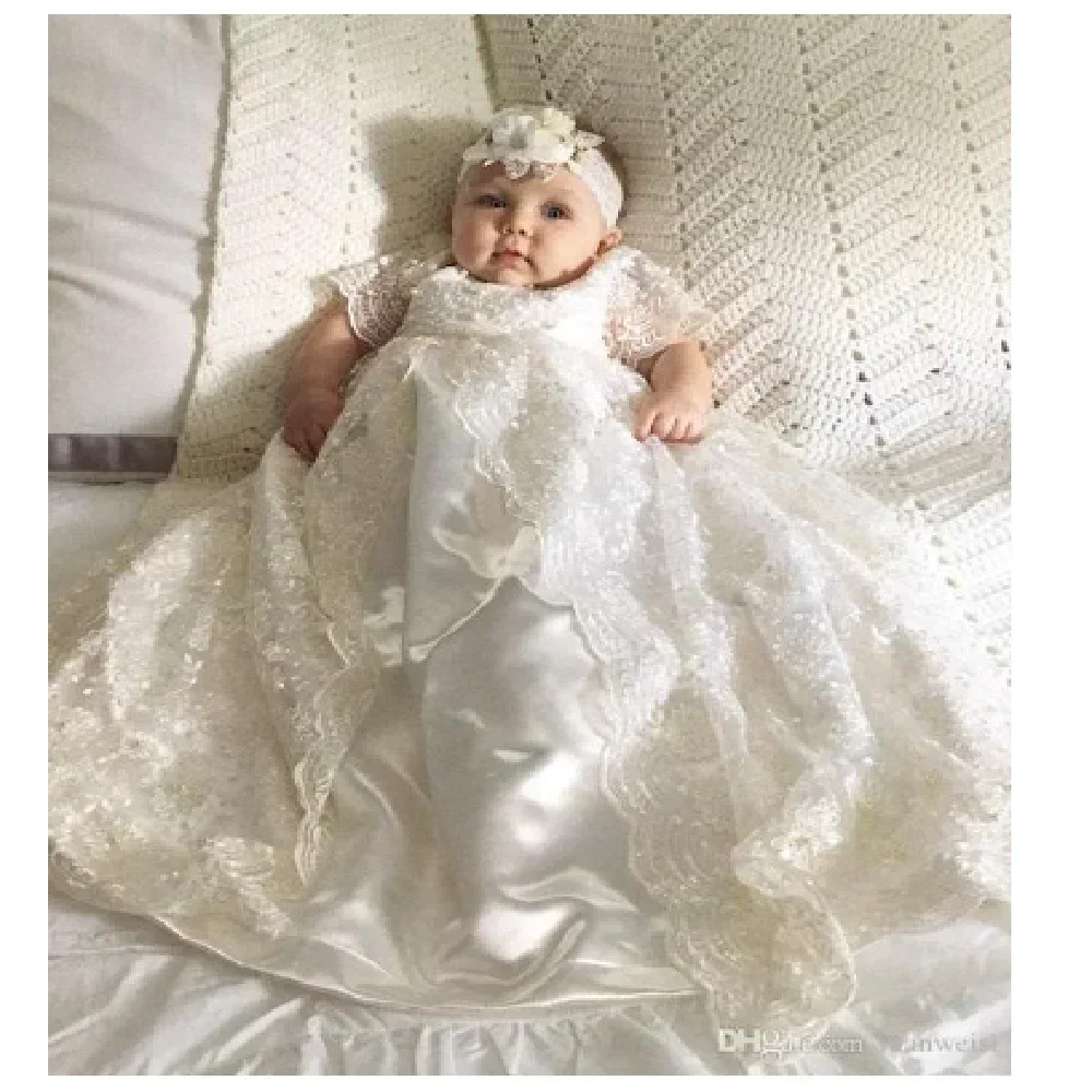 Beautiful Beaded Lace Baby Christening Dress White Newborn Baby Girl 1 Year Birthday Short Sleeve Baptism Dresses