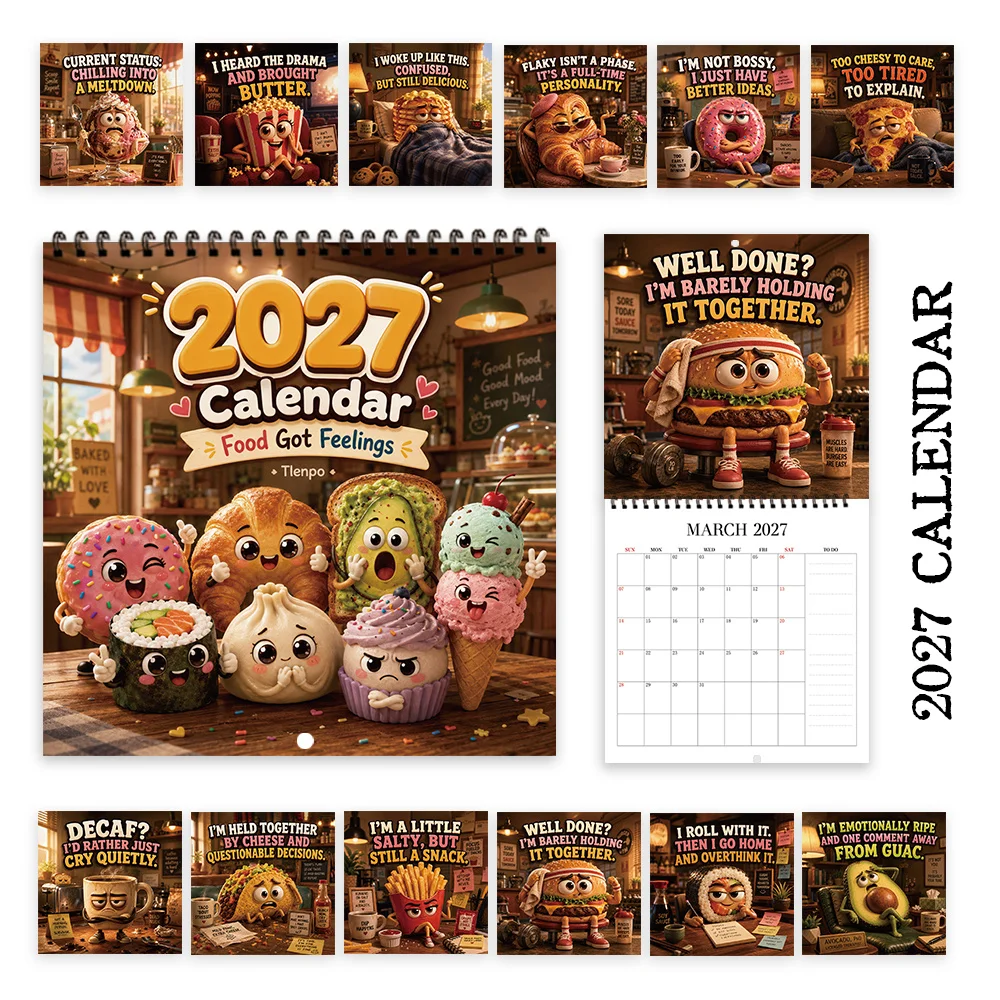 1pc 2027 Food Cartoon Wall Calendar,12‑Month Planner,Gift For Back‑to‑School,Christmas,New Year,Free Stickers Included