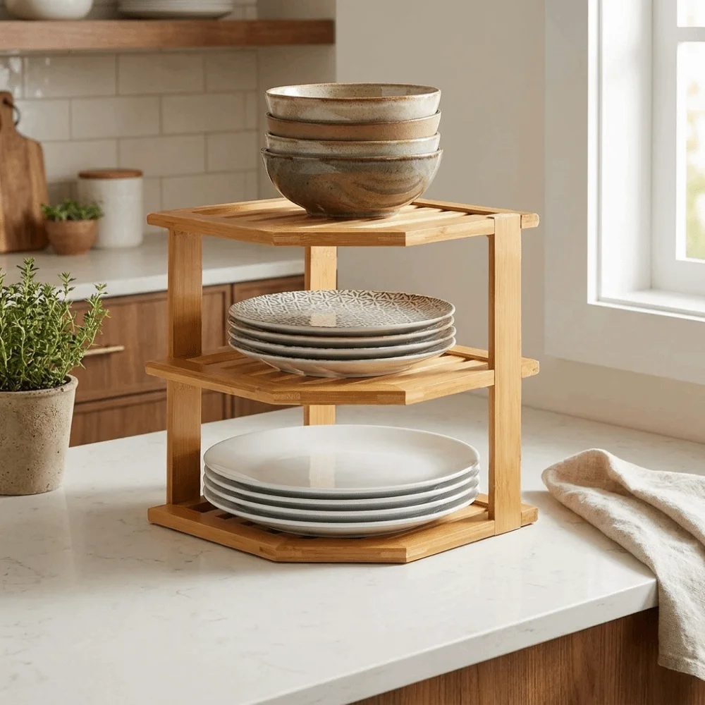

Large Capacity 3 Tier Bamboo Corner Shelf Simple Stable Dish Drying Rack Space Saving Cabinet Organizer for Kitchen Storage