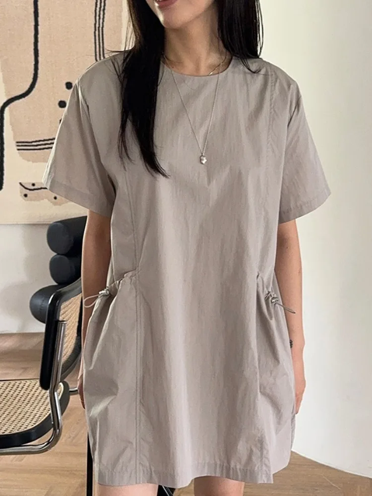 

Summer New Women's Loose ort Sve Dr with Big ket Dstring Vintage Retro Layering Pure Color ort Skirt