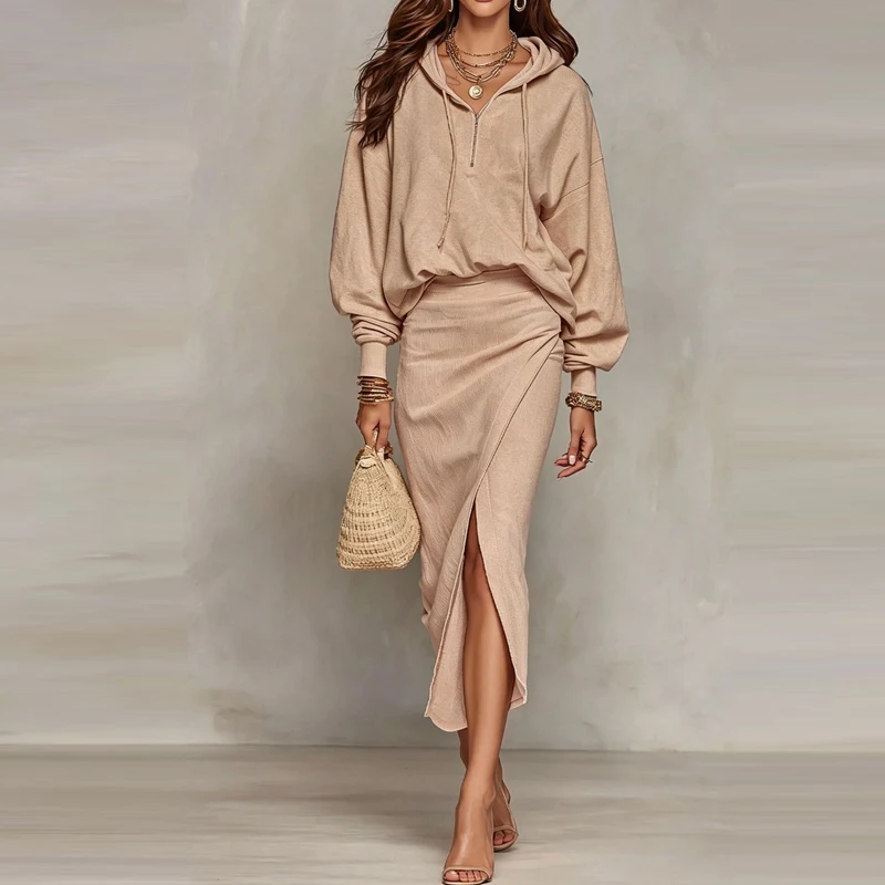 Casual Zipper Hooded +Skirt 2pc Set Early Autumn Comfortable Long Sleeved Office Commuting Outfit Fashion Solid Loose Slit Suit