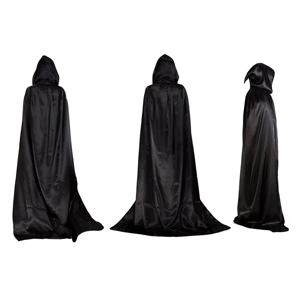 Sorcerer Long Shirt Hooded for Adults and Children Halloween Cosplay Costumes Black Vampire Death Wizard Witch Robe Devil Dress