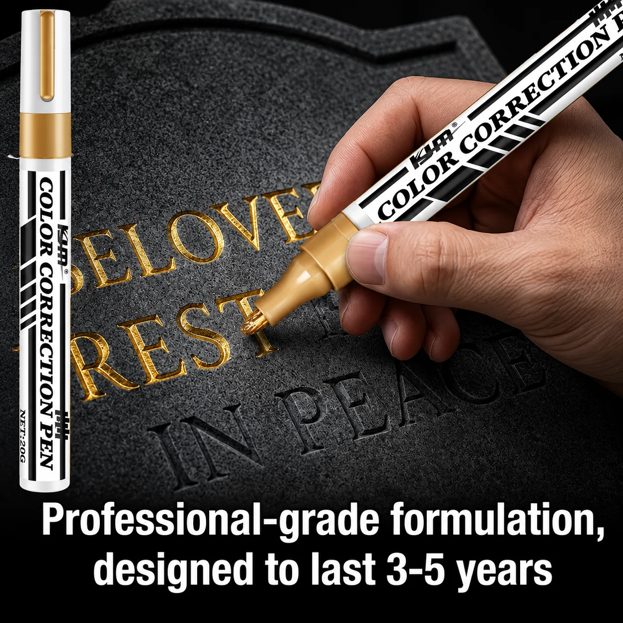 KJM Gold Color Correction Paint Pen Permanent Marker for Headstone Lettering Stone Metal Automotive Surfaces