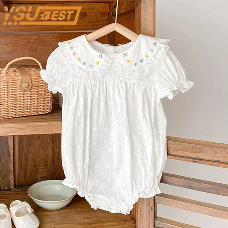 

Embroidered Summer Toddler Baby Girl Romper Short Sleeves Jumpsuit Solid Color Flower Princess Baby Girl Romper Clothes
