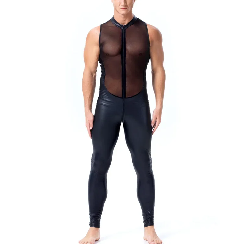 

Hot Exotic Apparel For Man Wet Look Sexy Long Pants Short Sleeve Catsuit Leather Men Mesh Bodysuit Gay Costume Plus Size S-XXL