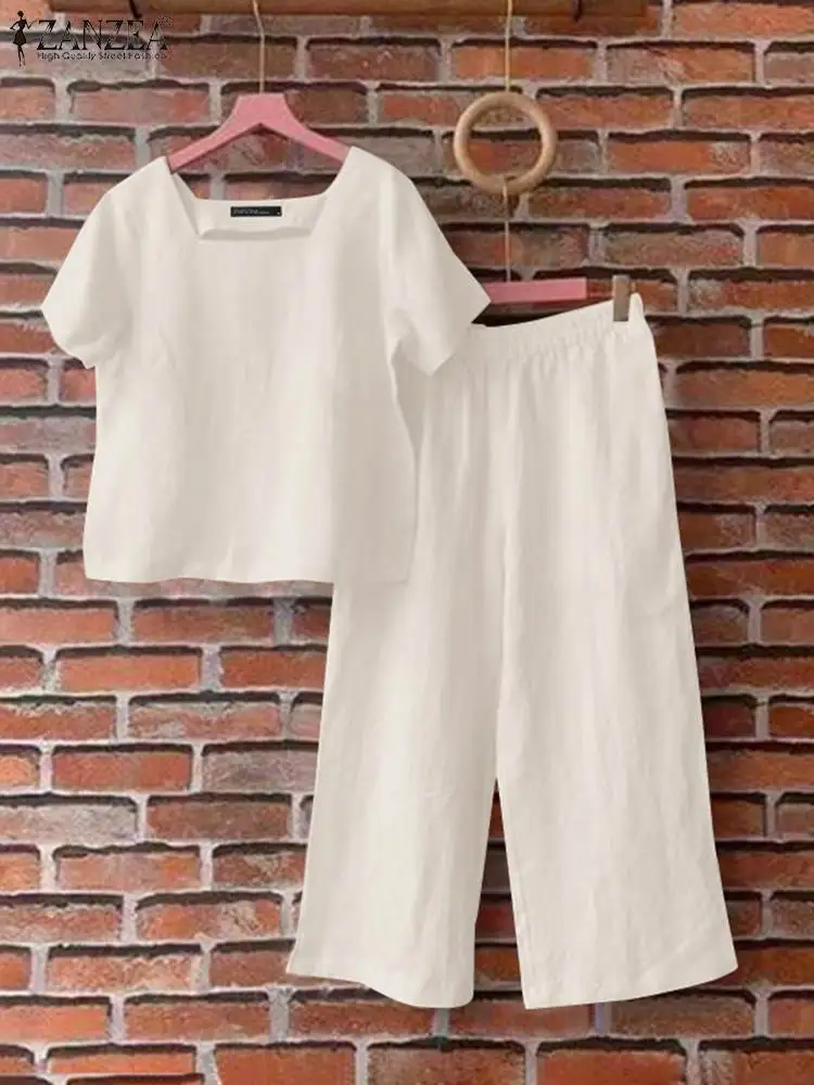 

2024 ZANZEA Fashion Street Tracksuit Solid Matching Sets 2PCS Short Sleeve Square Collar Tops Casual Loose Pants Elegant OL Suit