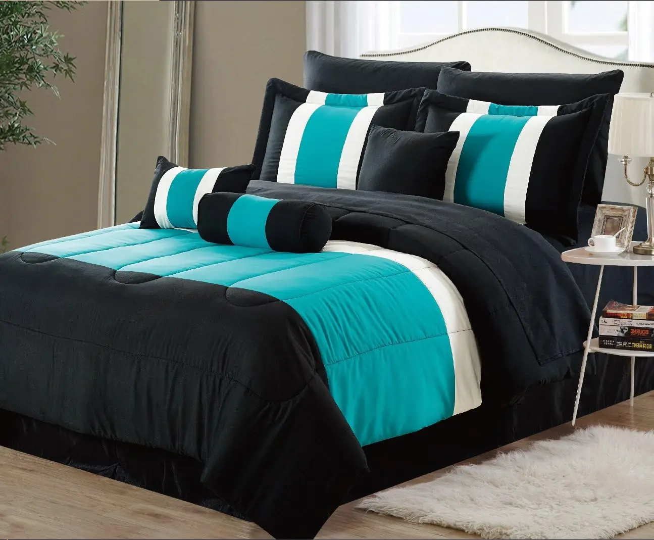 8-Piece Oversized Teal Blue & Black Comforter Set Bedding with Sheet Set (Queen)