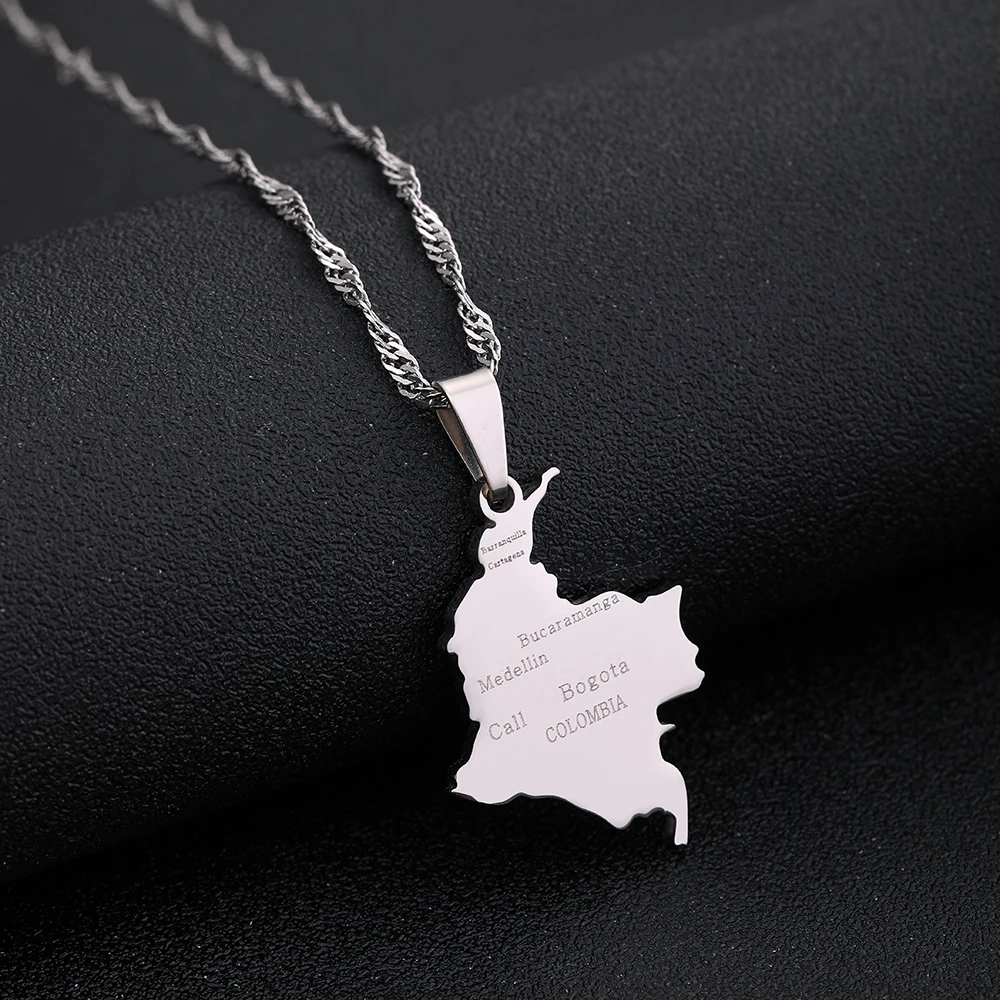 Fashion Colombia Map With City Name Pendant Necklaces Women Girls Stainless Steel Colombians Party Anniversar Jewelry Gifts