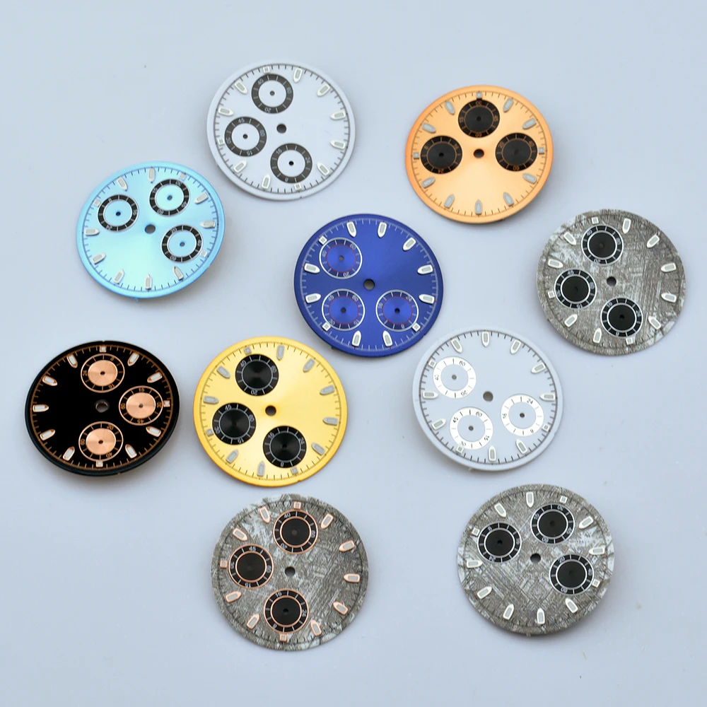 NEITON 29mm VK63 Dial for Quartz Movement Chronograph Face 6 Hands Watch Parts Green Luminous Fit for 39mm Watch Cases
