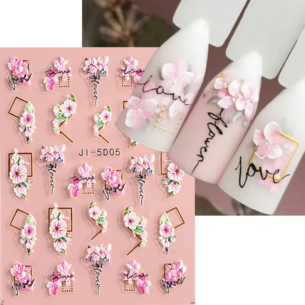 5D Flower Nail Adesivos, Pink Cherry Blossom Decor, Acrílico Gravado Sliders, Geométrica Gold Stripe, Linhas, Decalques Manicure, NLJI-5D05