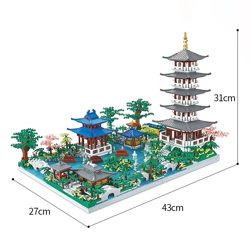 5186PCS Chinese Architecture Micro Building Blocks Tower West Lake Trees DIY Diamond Bricks with Light Toy for Kids Adults Gifts