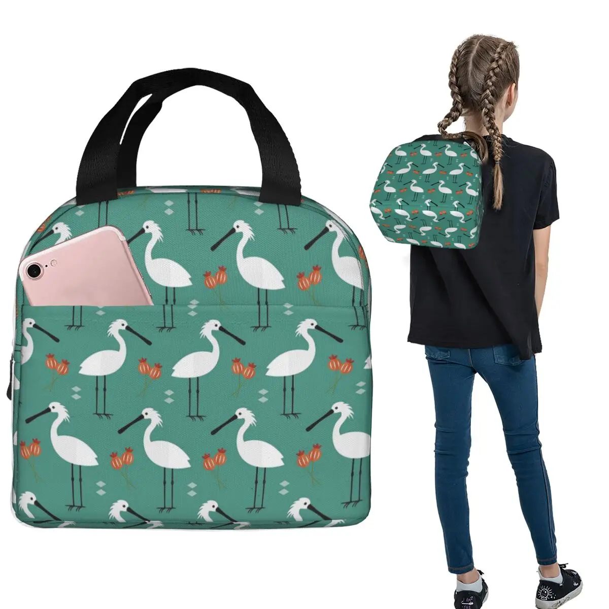Spoonbills On Blue Isolierte Lunchtasche für Damen und Kinder, tragbare Lebensmittelboxen, Thermo-Lunchbox-Tragetasche