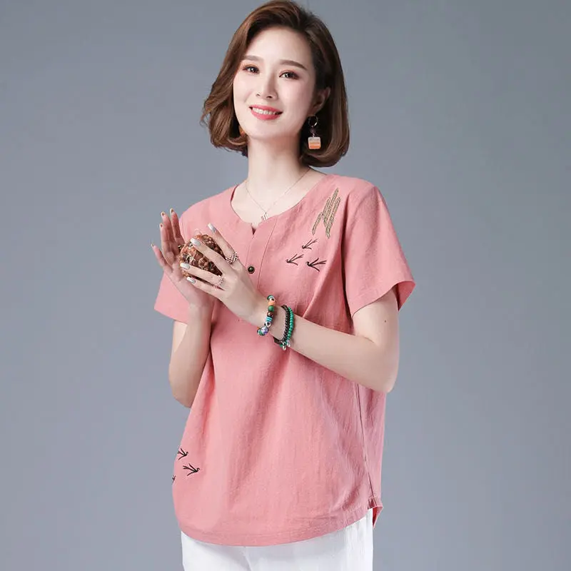 Women Summer Elegant Loose Temperament Printing Cotton and Linen O-neck Short Sleeve T-Shirt Ladies Fashion All-match Trend Tops