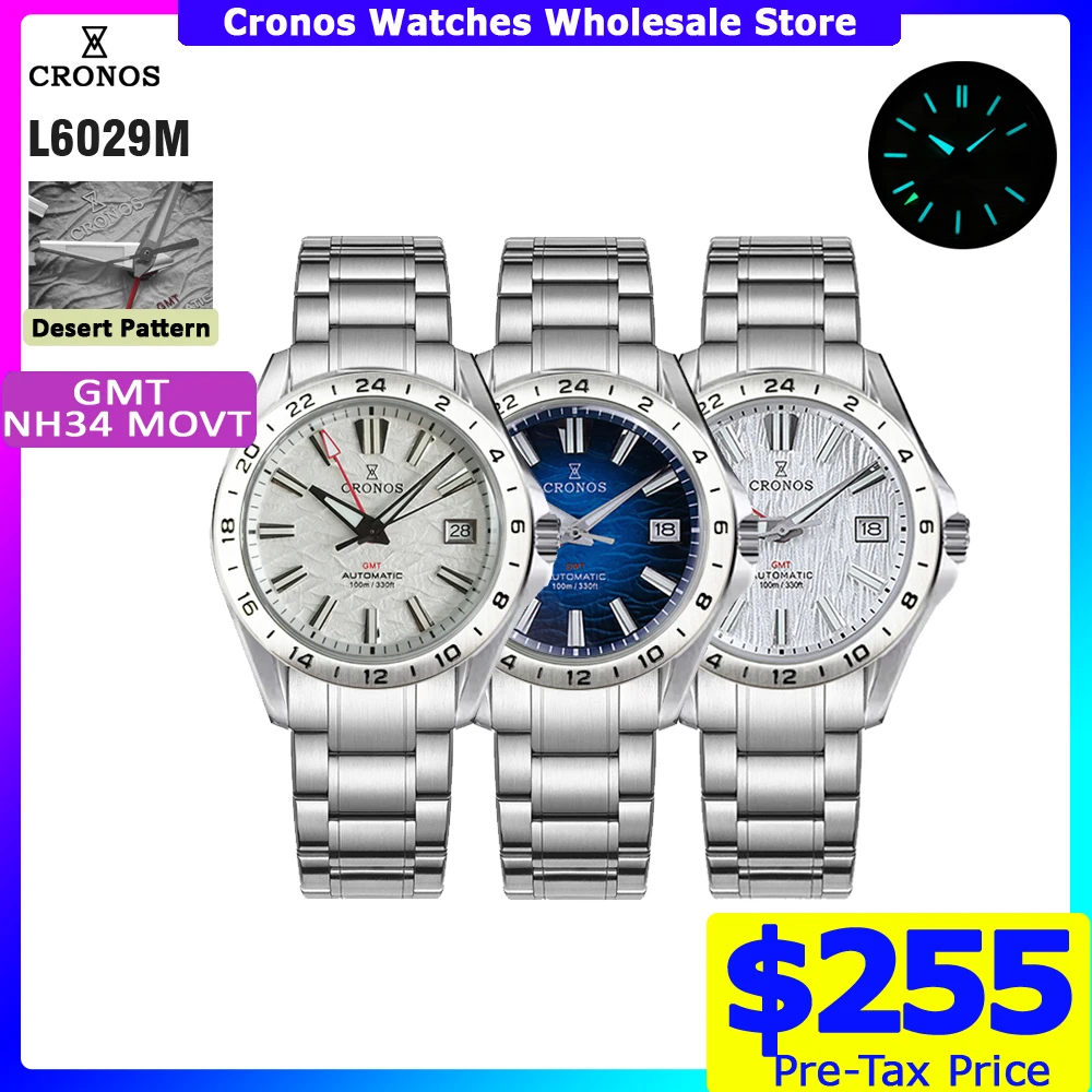 Cronos GS Mechanical Men Watch 39mm Birch Pattern GMT NH34 Automatic Bubble Sapphire Glass Brushed Bracelet 10ATM L6029M