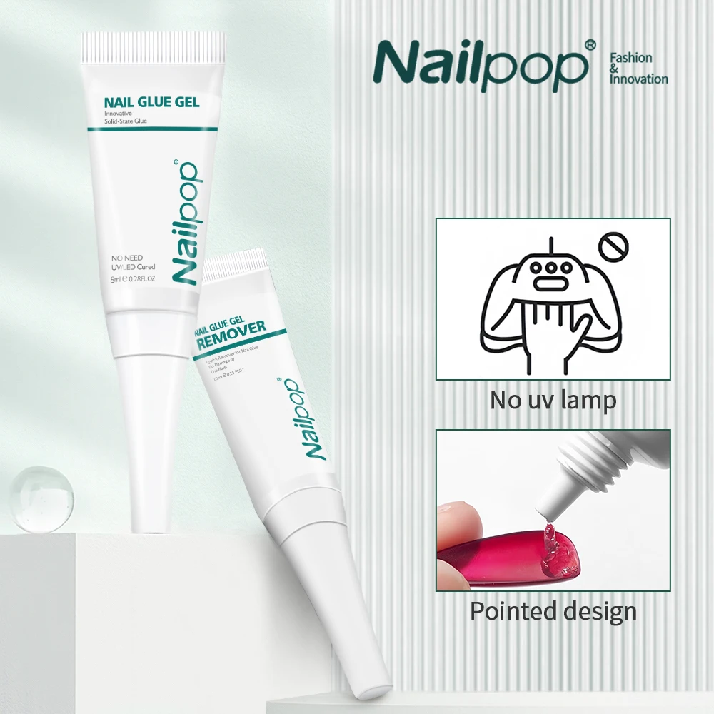 Nailpop Quick Drying Solid Nail Glue with Remover for Press On Nails Tips No Need for UV Lamp Long Lasting Fake Nails Glue Kit