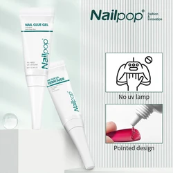 Nailpop-pegamento sólido para uñas de secado rápido, con removedor para presionar en las puntas de las uñas, No necesita lámpara UV, Kit de pegamento para uñas postizas de larga duración