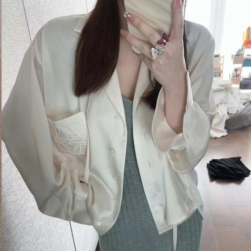 Spring Autumn New POLO Collar Long Sleeve Shirt Women High Street Solid Color Elegant Button Cardigan Embroidered Pockets Tops