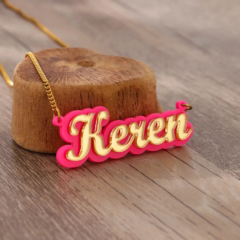 Custom Name Necklaces For Women Stainless Steel Gold Color Shining Pink Acrylic Nameplate Necklace New Trend Jewelry Friend Gift