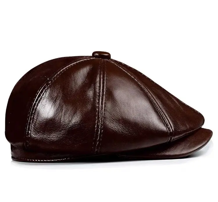 Spring New Genuine Leather Hat Cap Cowhide Beret Warm  Cotton Men Padding Brand Brown/Black Duck Hat
