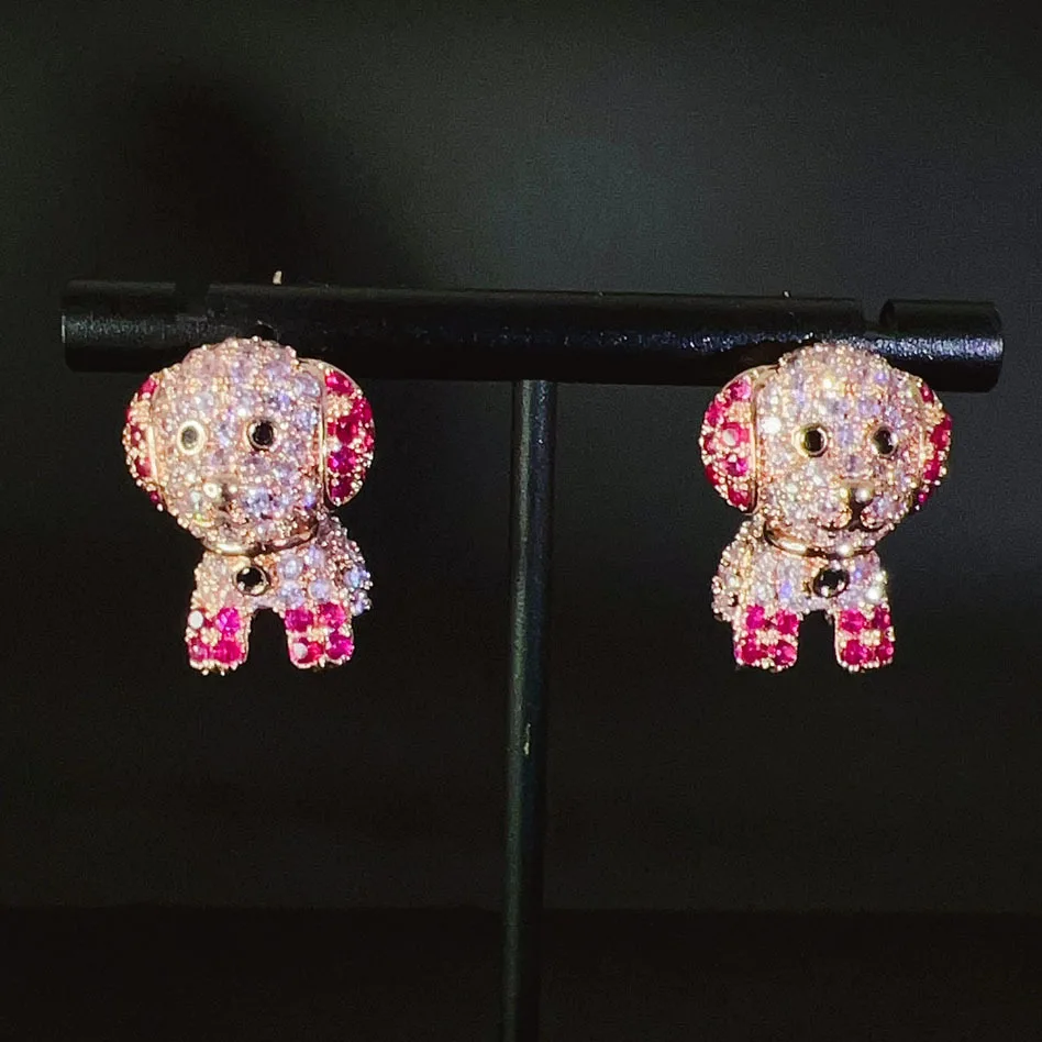 Cute Pink Puppy Stud Earrings Full Zircon Shiny Pet Earring 925 Silver Needle Sweet Luxury Elegant Fashion Party Jewelry for Wom