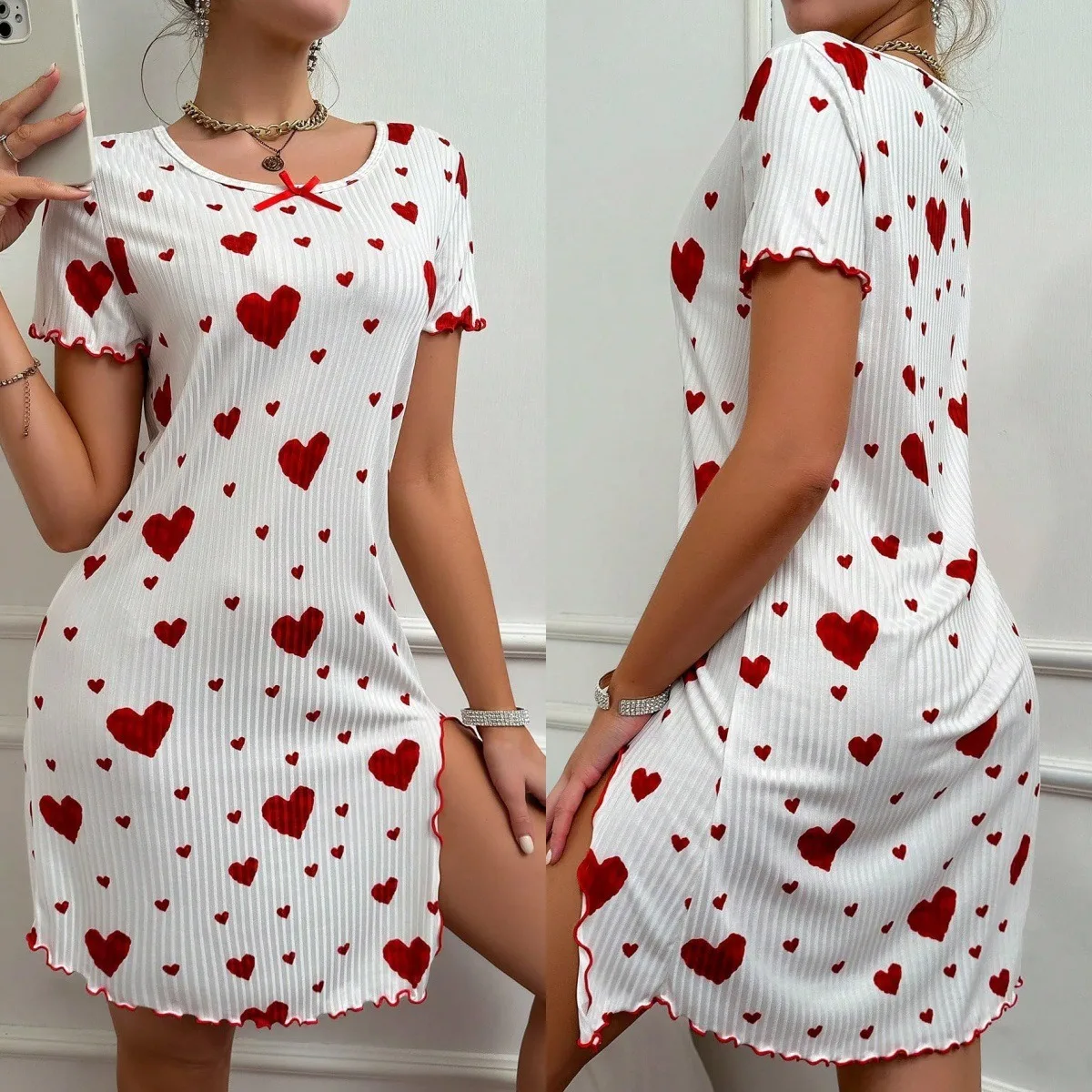 Women's Casual Heart Print Short-Sleeve Nightgown Breathable Comfy Crew Neck Sleepdress With Bow Perfect For Summer Homewear