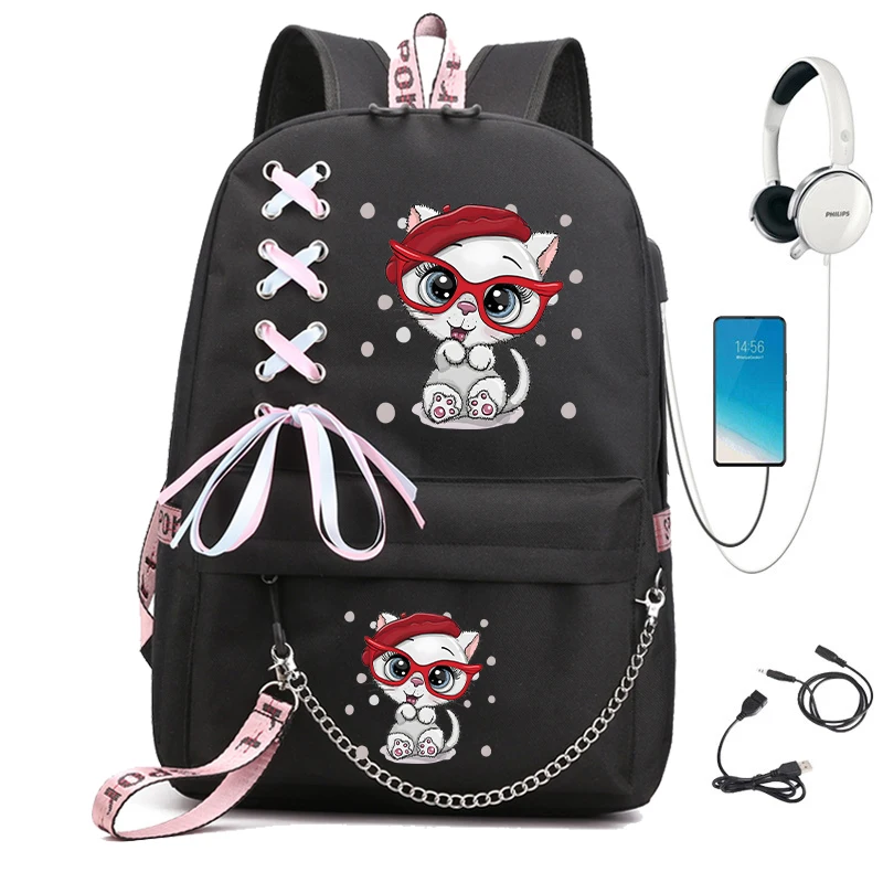 Kawaii Schult asche für Studenten wasserdichter Rucksack trend ige Mädchen Cartoon Kätzchen drucken Anime Reise rucksäcke USB-Bücher tasche