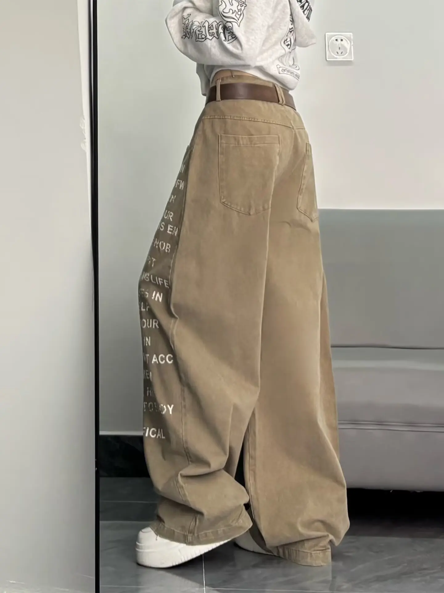 Pantalones vaqueros de pierna ancha holgados de color caqui con estampado de letras para mujer, ropa de calle Vintage de estilo callejero Unisex, pantalones vaqueros informales para mujer, novedad