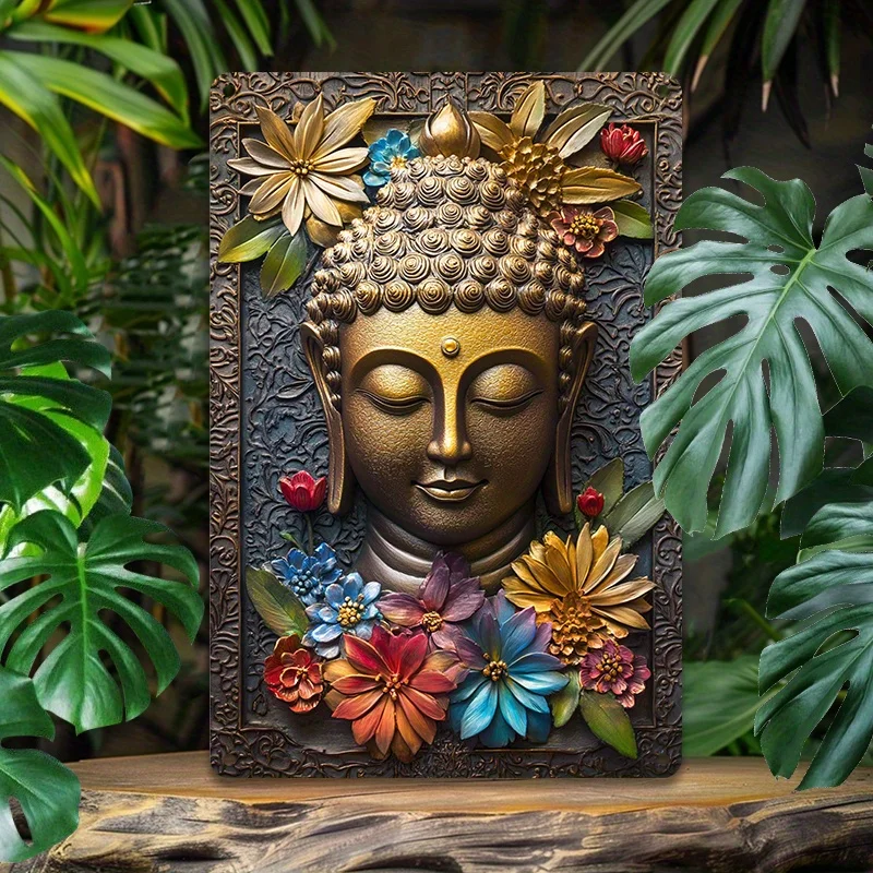 

Buddha's Face Blossoms - Vintage Aluminum Wall Art, Metal Tin Sign for Home & Outdoor Decor, Easy Install, 8X12 in/12X18 In