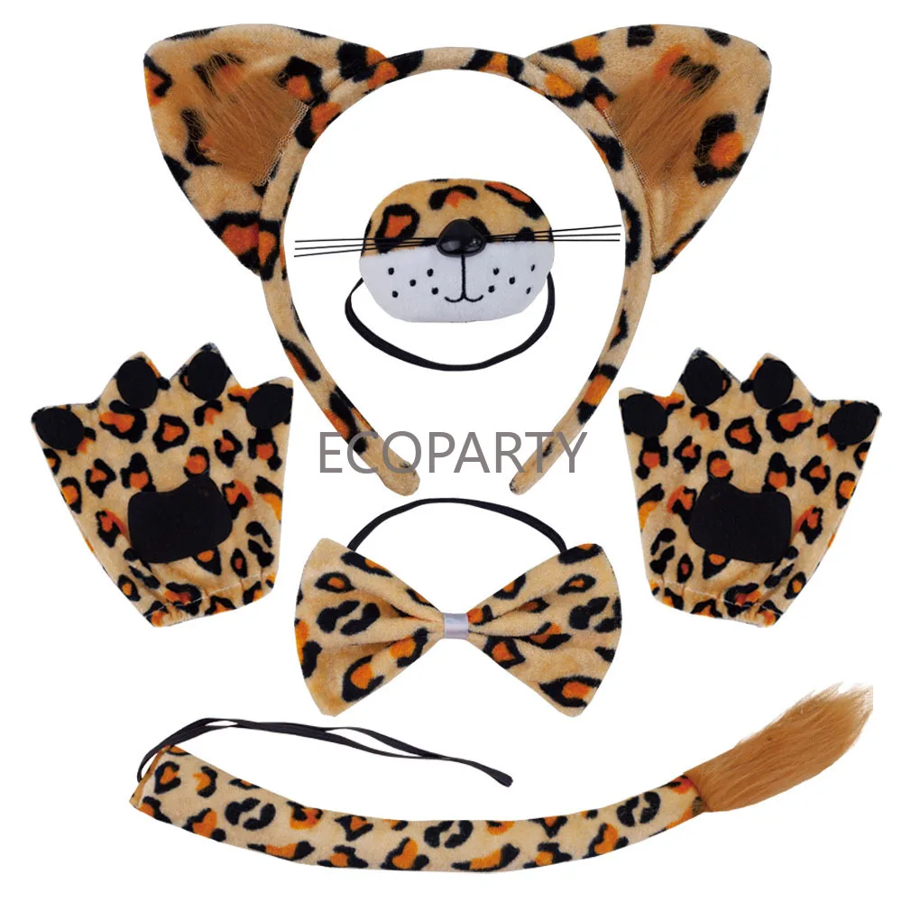 Adults Kids Plush Cartoon Animal Leopard Ear Headband Nose Tail Bow Gloves Birthday Party Gift Cosplay Christmas Halloween