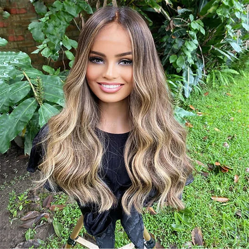 Ombre Ash Brown Highlight Colored Lace Front Wig Body Wave Transparent Lace Frontal Human Hair Wig 13x4 Brazilian Remy Hair Wigs