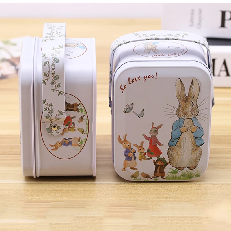 1PC Portable Cartoon Rabbit Suitcase Candy Storage Tin Box Desktop Dresser Jewelry Earphones Storage Case Small Metal Container