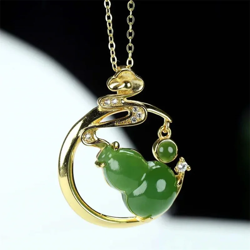 

Hot Selling Natural Hand-carved Jade Inlaid 925silver Gufajin Fu Lu Necklace Pendant Fashion Jewelry Men Women Luck Gifts