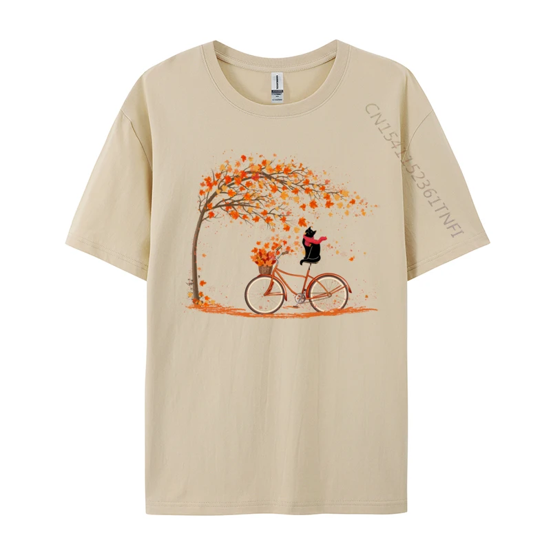 Cat Fall Bicycle Leaves Fall Autumn Halloween Tees Casual T-shirts for Male Design Tops Shirt Classic Tshirts Cotton