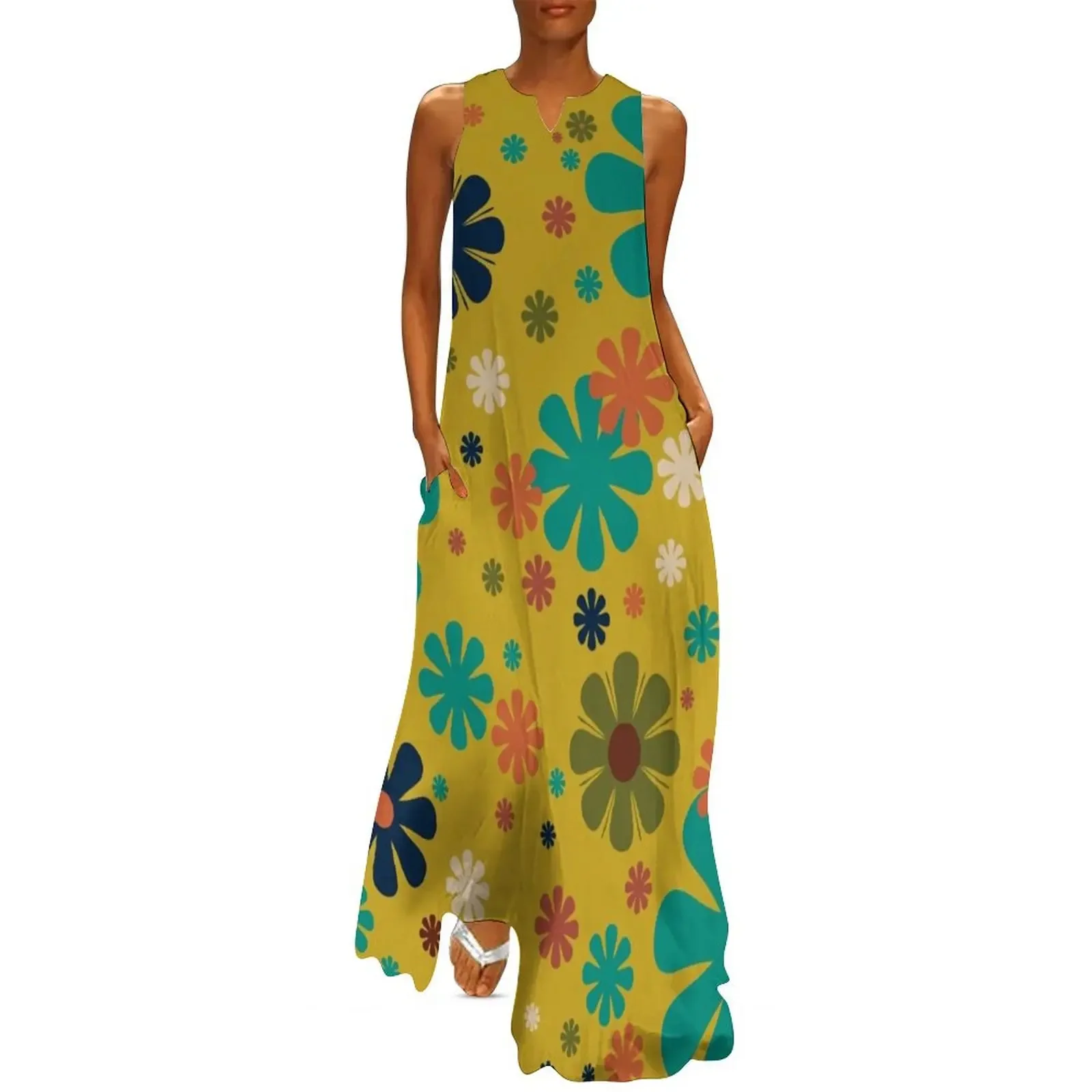 

Flowerama - Retro 60s 70s Floral Pattern in Mid Mod Turquoise Teal, Khaki Green, Orange, Beige, and Mustard Long Dress