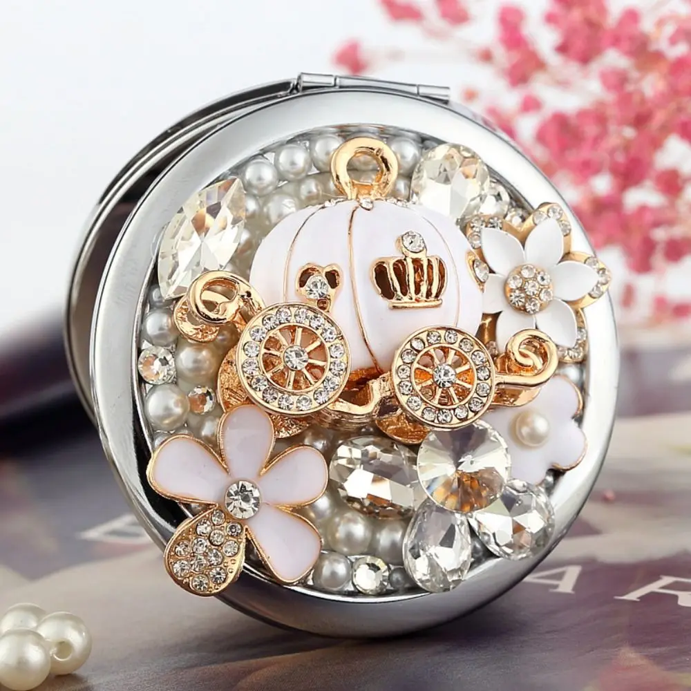 Beauty Mirror Metal Exquisite Mirror Pumpkin Wagon Gliter Portable Mirror Travel Size Crystal Pocket Mirror Women