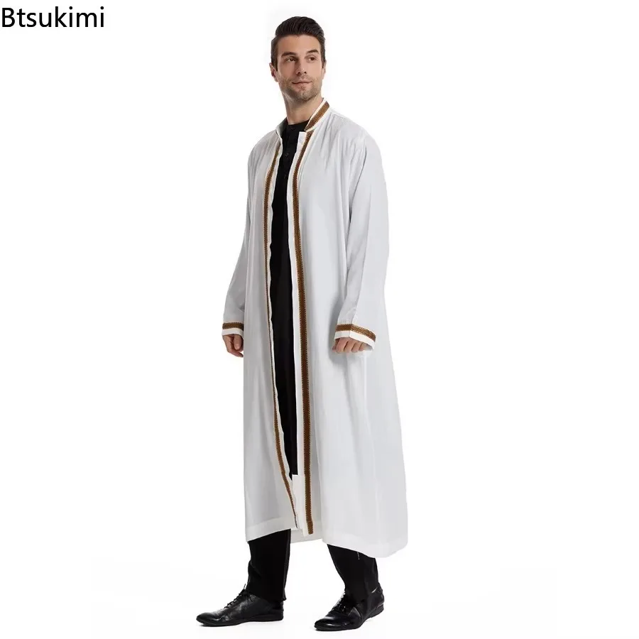 2024 Mid East Clothing Men\'s Traditional Jubba Thobe Fashion Stand Collar Cardigan Robe Muslim Open Abaya Men Daily Basic Style